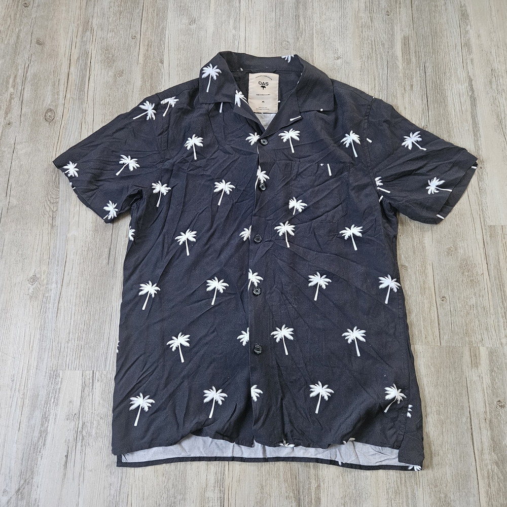 OAS Men's The Cuba Black and White Palm Tree Hawaiian Button Down Shirt Medium